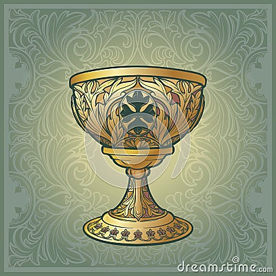 Holy Grail. Medieval gothic style concept art. Decorative floral background Vector Illustration