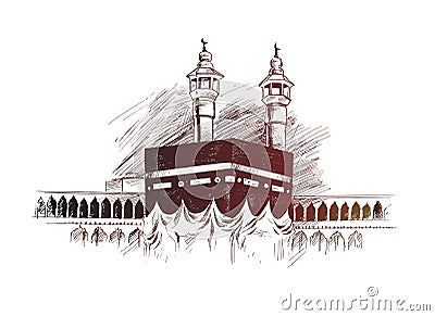 Holy Kaaba in Mecca Saudi Arabia, Hand Drawn Sketch Vector. Vector Illustration