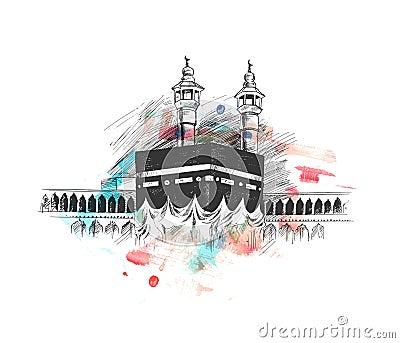 Holy Kaaba in Mecca Saudi Arabia, Hand Drawn Sketch Vector. Vector Illustration