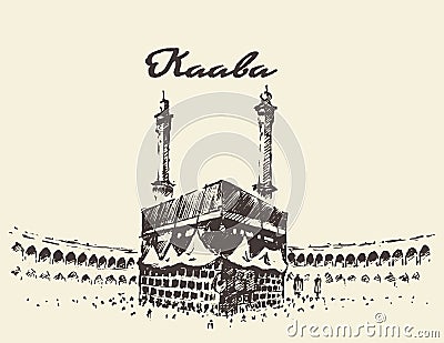 Holy Kaaba Mecca Saudi Arabia muslim drawn sketch Vector Illustration