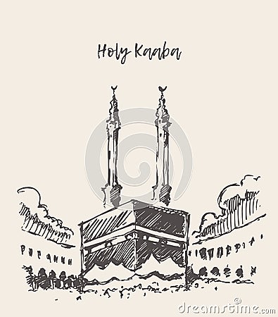 Holy Kaaba Mecca Saudi Arabia muslim drawn sketch Vector Illustration