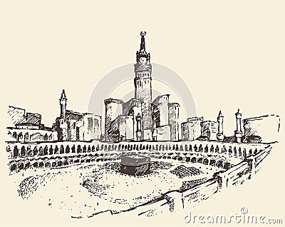 Holy Kaaba Mecca Saudi Arabia muslim sketch Vector Illustration