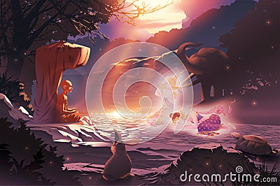 A holy monk who has attained the highest enlightenment is meditating and giving dharma to devas in the deep forest Cartoon Illustration