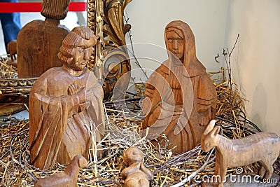 Holy nativiti scene, holy family 1, Christmas exhibition in Klovicevi dvori, Zagreb 2015. Editorial Stock Photo