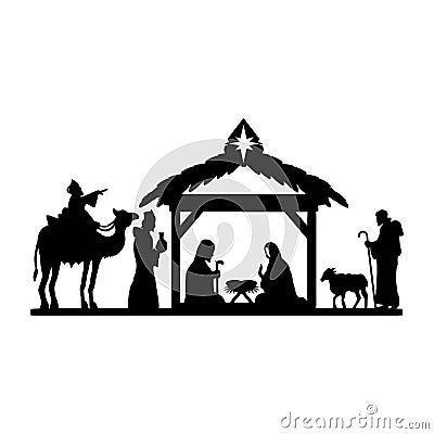 Holy Night silhouette - Nativity scene of baby Jesus silhouette in a manger with Mary and Joseph with the three wise men Vector Illustration