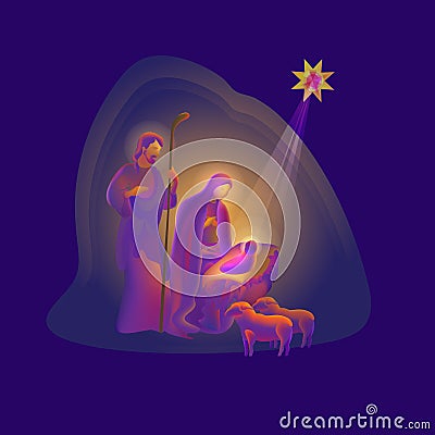 Holy night. Vector illustration of Birth of Christ. Vector Illustration