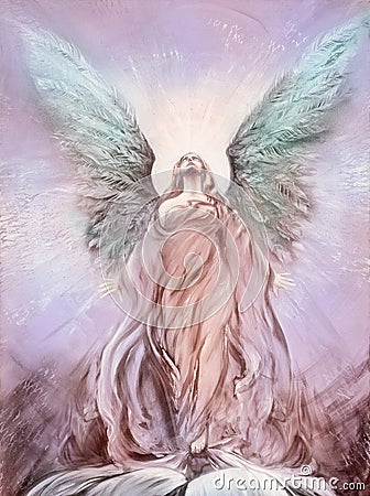 Holy shine dream guardian angel of love with feather wings Stock Photo