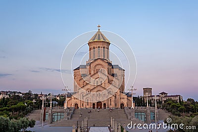 Holy Trinity Cathedral of Tbilisi Sameba in the evening - the main cathedral of the Georgian Orthodox Church. Georgia Stock Photo