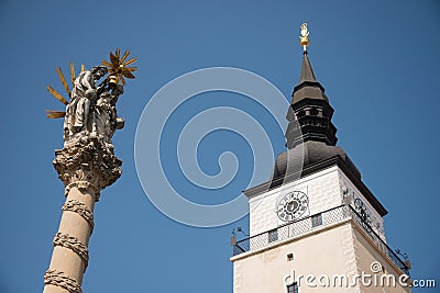 Holy Trinity Column and Town Tower, Trnava, Slovakia Stock Photo