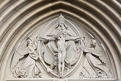The Holy Trinity. Gothic relief in Saint Wenceslas Cathedral in Stock Photo