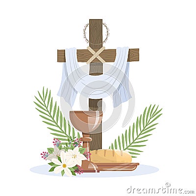 Holy Week. Cross, Crown of thorns, the white cloth, Palm Sunday and Maundy Thursday Cartoon Illustration