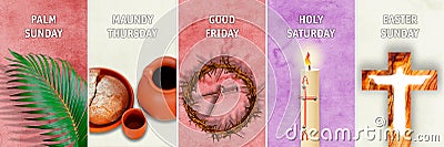 Holy Week - order of important days with English descriptions in the correct liturgical colors Stock Photo