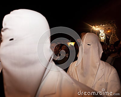 Holy Week procession of the Paso (Platform or Throne) of the Virgin Mary and the Child through the streets at night Editorial Stock Photo