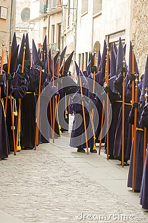Holy Week in Zamora, Spain. Procession of the Brotherhood of Santa Vera Cruz on the afternoon of Holy Thursday. Editorial Stock Photo