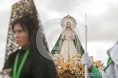 Holy Week in Zamora, Spain. Holy Thursday procession of the Brotherhood of the Virgin of Hope. Editorial Stock Photo