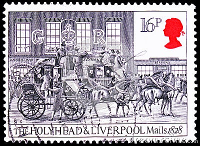 Holyhead and Liverpool Mails leaving London, 1828, Postal service Bath-London serie, circa 1984 Editorial Stock Photo