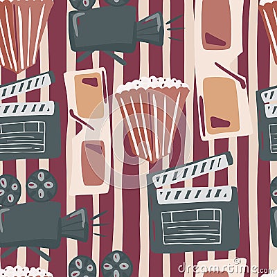 Holywood style seamless cinema movie pattern. Popcorn, camera, 3d glasses and clapperboard silhouettes on striped background. Cartoon Illustration