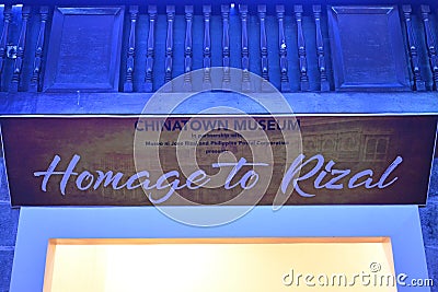 Homage to Rizal sign at Chinatown Museum in Manila, Philippines Editorial Stock Photo