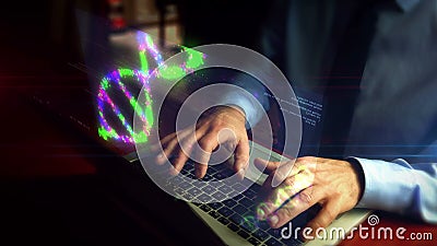 Hombre que mecanografía en el teclado con el holograma de la carta de la crisis Hombre que mecanografía en el teclado con el holograma de la carta de la crisis