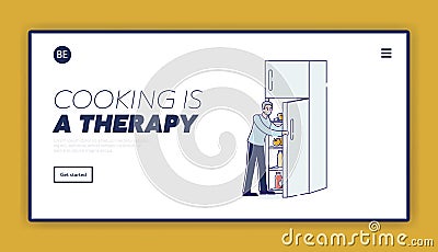 Home activity website landing page. Cooking therapy landing page with cartoon man opening fridge Vector Illustration