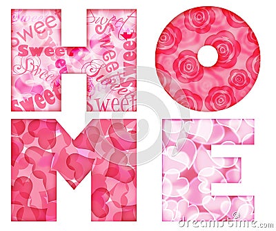 Home Alphabet Letters with Floral and Hearts Stock Photo