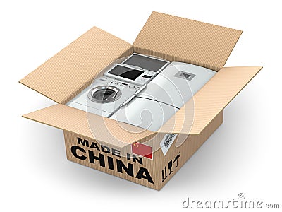Home appliance in box. Made in China. Stock Photo