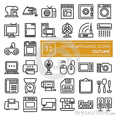 Home appliance line icon set, household symbols collection, vector sketches, logo illustrations, electrical appliances Vector Illustration