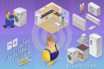 Home appliance repair. Isometric concept. Worker, equipment. Vector Illustration