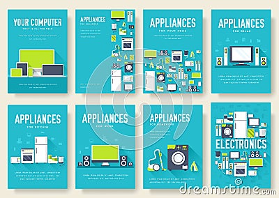Home appliances cards set. Electronics template of flyear, magazines, posters, book cover, banners. Devices infographic concept Cartoon Illustration