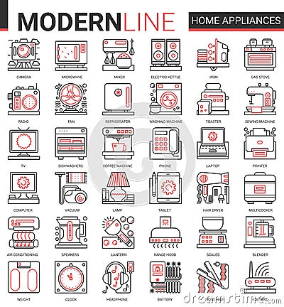 Home appliances line icon vector illustration set for house cleaning, kitchen or bathroom household items, hair body Vector Illustration