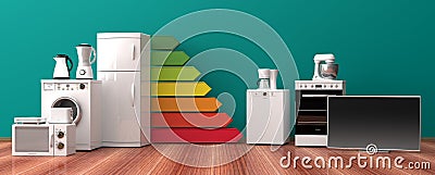 Home appliances and energy efficiency rating. 3d illustration Cartoon Illustration
