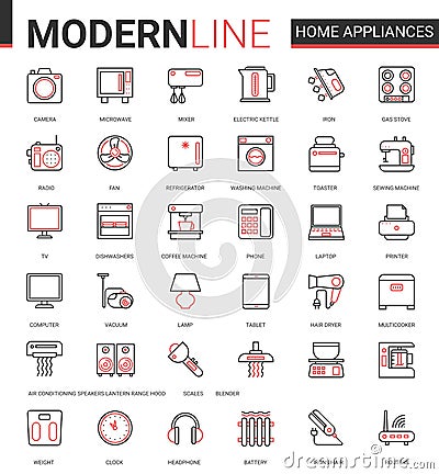Home appliances flat line icon vector illustration set for house cleaning, kitchen or bathroom household items, hair Vector Illustration