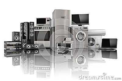 Home appliances. Gas cooker, tv cinema, refrigerator air conditioner microwave, laptop and washing machine Stock Photo