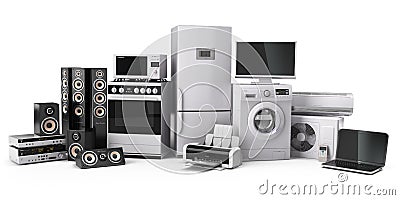 Home appliances. Gas cooker, tv cinema, refrigerator air conditioner microwave, laptop and washing machine. Stock Photo