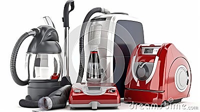 Home appliances. Group of vacuum cleaner, iron and washing machi Stock Photo