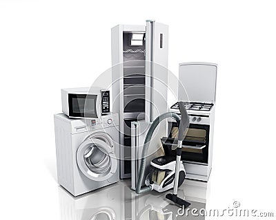 Home appliances Group of white refrigerator washing machine stove microwave oven vacuum cleaner on white background Stock Photo