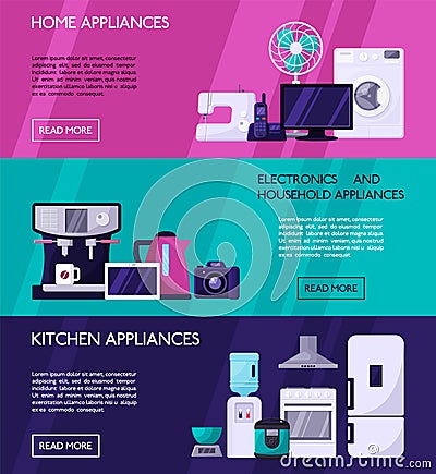 Home appliances horisontal banners concept. Page site with description kitchen household goods detailed characteristics Vector Illustration