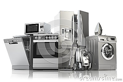 Home appliances. Household kitchen technics isolated on white background. Fridge, dishwasher, gas cooker, microwave oven, washing Cartoon Illustration