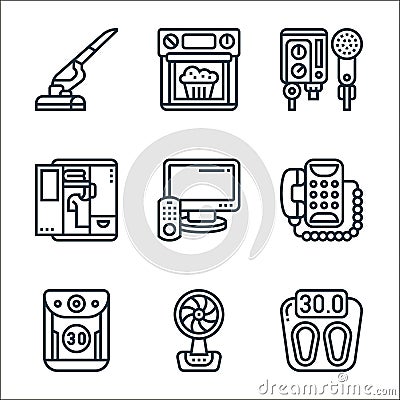 home appliances line icons. linear set. quality vector line set such as scale, fan, air purifier, telephone, television, cabinet, Vector Illustration