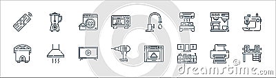 Home appliances line icons. linear set. quality vector line set such as sound system, kitchen, drill, rice cooker, coffee machine Vector Illustration