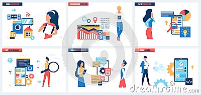 Home appliances, mobile app programming and development, data monitoring and access set Vector Illustration