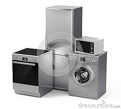 Home appliances. Refrigerator, washing machine, electric stove and microwave Stock Photo