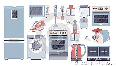 Home appliances set domestic electronics and machines concept. Equipment elements for kitchen cooking laundry washing Vector Illustration
