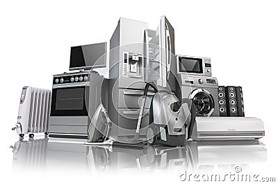 Home appliances. Set of household kitchen technics isolated on w Cartoon Illustration