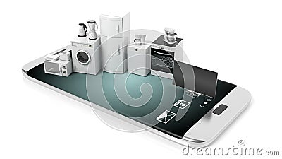 Home appliances on a smartphone - white background. 3d illustration Cartoon Illustration