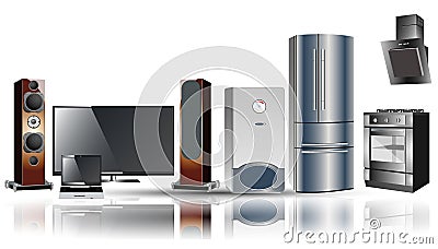 Home appliances: stove, extractor, fridge, boiler, TV, laptop Stock Photo