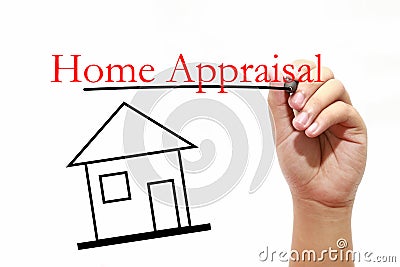 Home Appraisal - House with text and male hand with pen - Real E Stock Photo