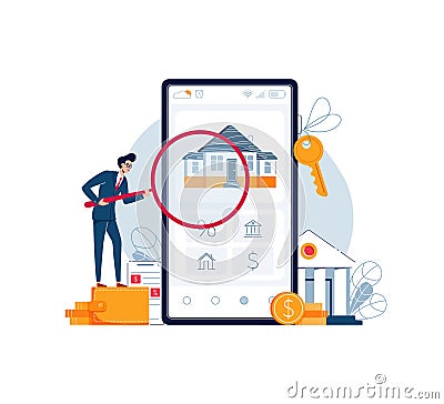 Home appraisal online vector illustration. Banker is doing property inspection of a house, holding a magnifying glass Vector Illustration