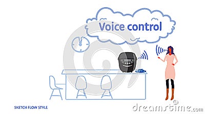 Home automatic multicooker controlled by woman smart tech multi cooker recognizes commands voice control concept modern Vector Illustration