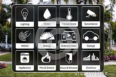 Home automation icons to control a smart home like light, water, surveillance, energy, smoke detection, motion sensors Stock Photo